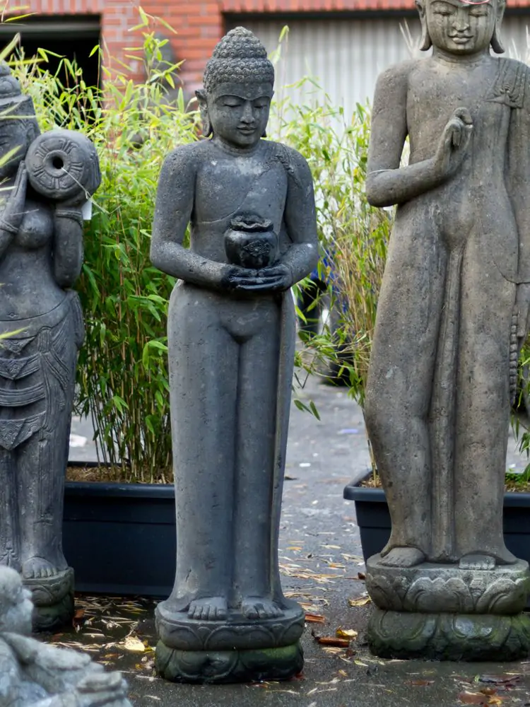  Product image 1 of the product “Standing Buddha, Indian Style - with vessel, in the sizes from 100 to 200cm, antique finish ”